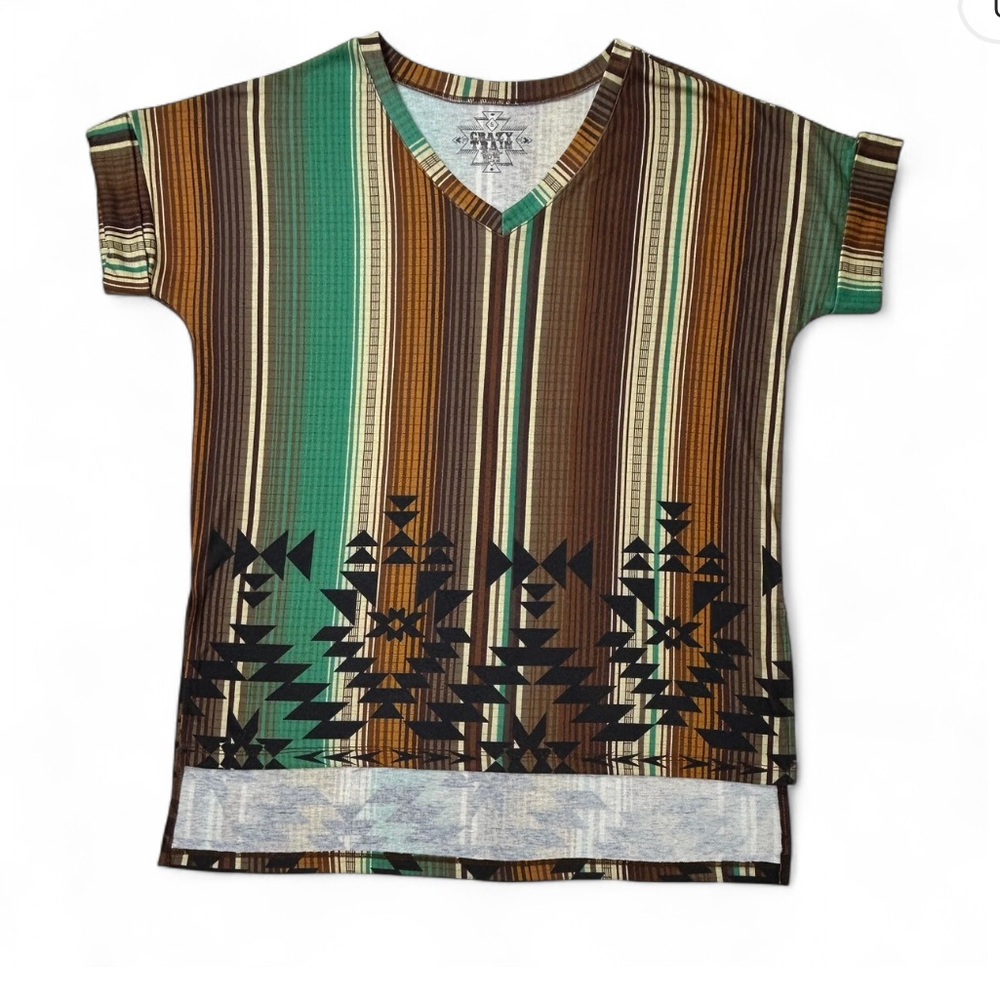 Crazy Train Green and Brown Short Sleeve‎ Tee with Geometric Pattern